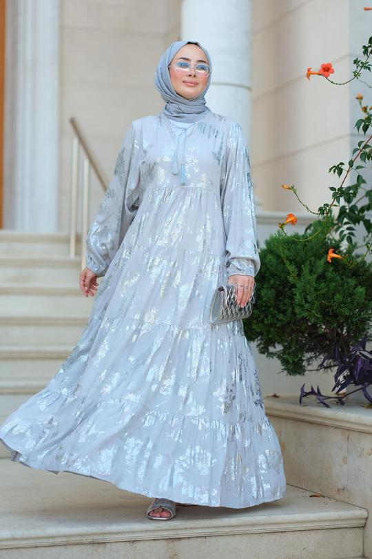 Varaklı Püsküllü Elbise Gri