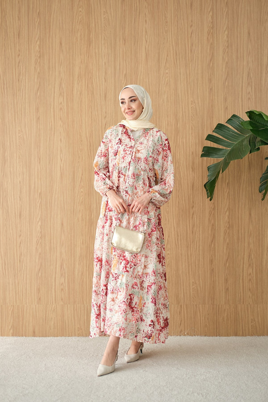 Vintage Çiçek Desen Elbise Bordo