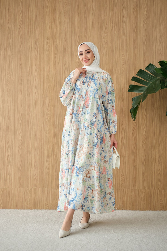 Vintage Çiçek Desen Elbise Mavi