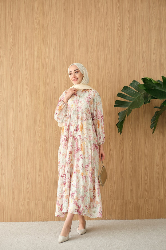 Vintage Çiçek Desen Elbise Mürdüm