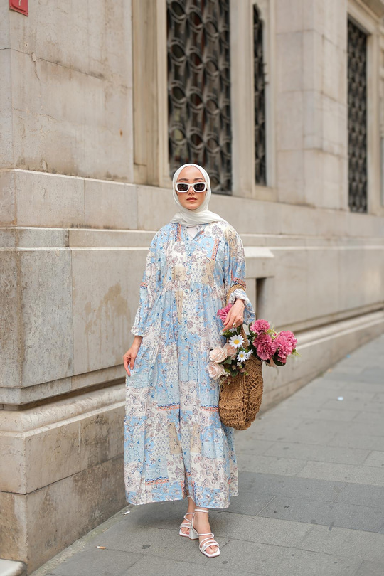 Vintage Çicek Desenli Elbise Bebe Mavi