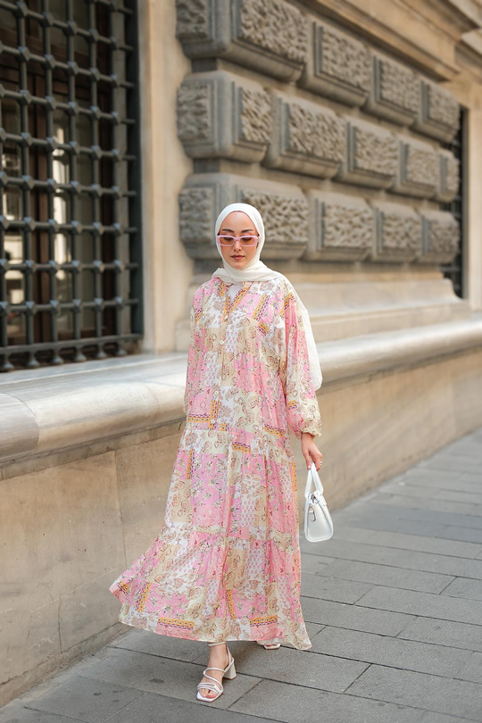 Vintage Çicek Desenli Elbise Pembe