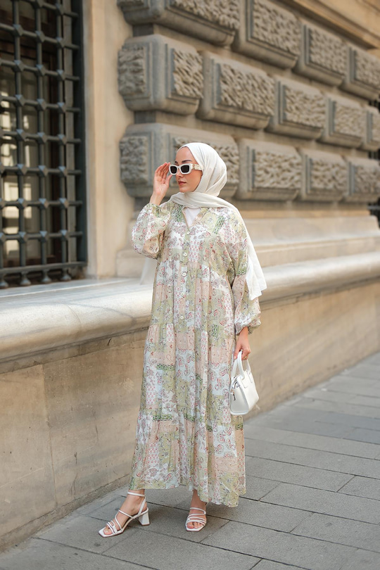 Vintage Çicek Desenli Elbise Yeşil