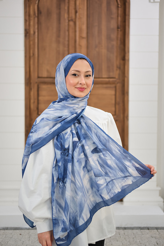 Vintage Desen Şal İndigo Mavi