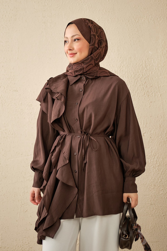 Volanlı Bağcıklı Gömlek Kahverengi