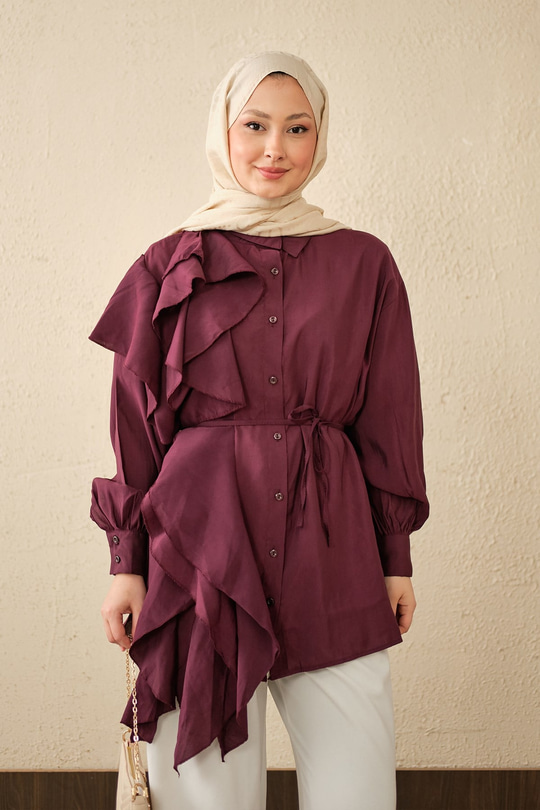 Volanlı Bağcıklı Gömlek Mürdüm