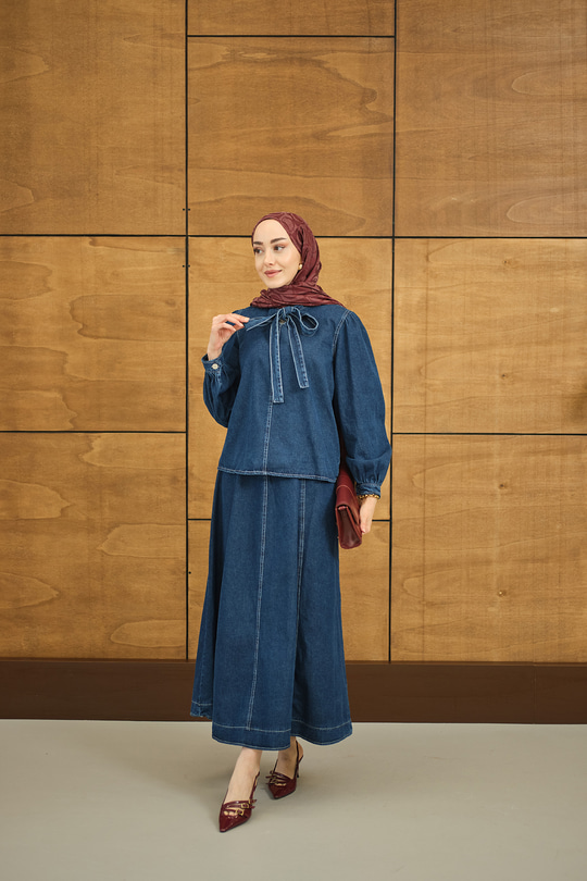 Yaka Bağlamalı Etekli Kot Takım Lacivert