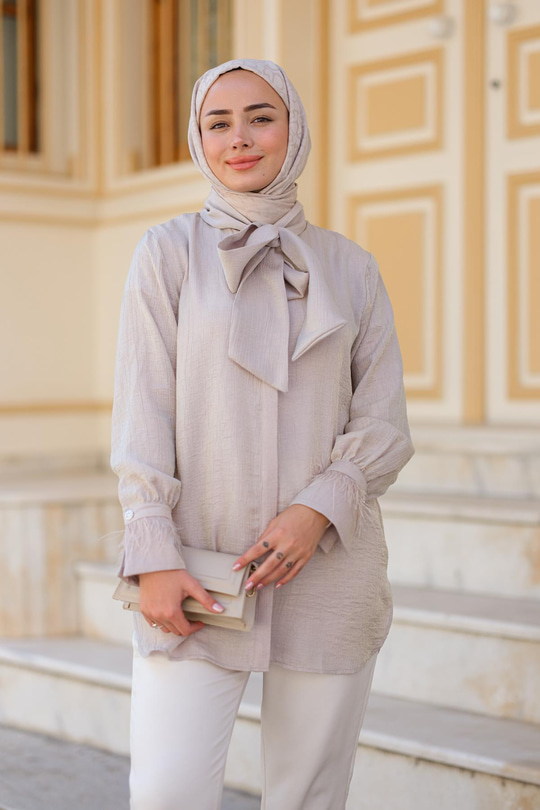 Yaka Bağlamalı Kol Püskül Gömlek Taş