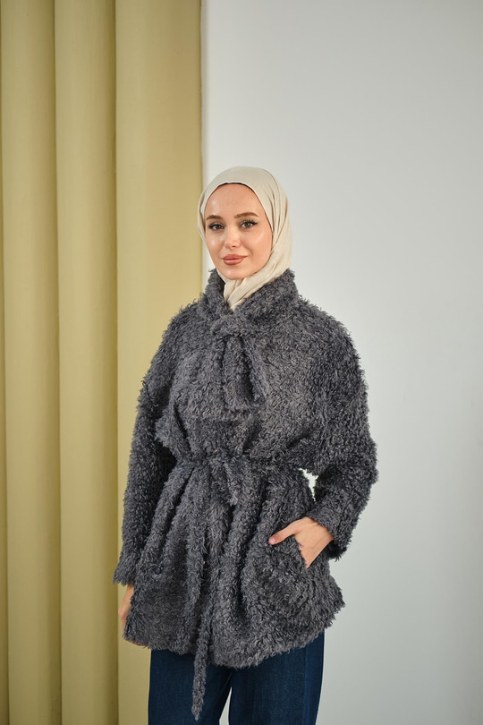 Yaka Bağlamalı Peluş Hırka Füme