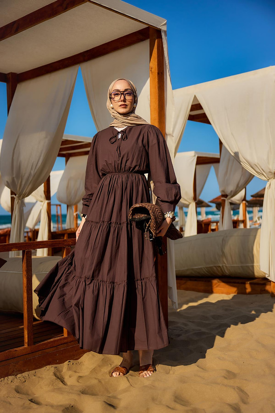 Yaka Bağlamalı Viyana Elbise Kahverengi