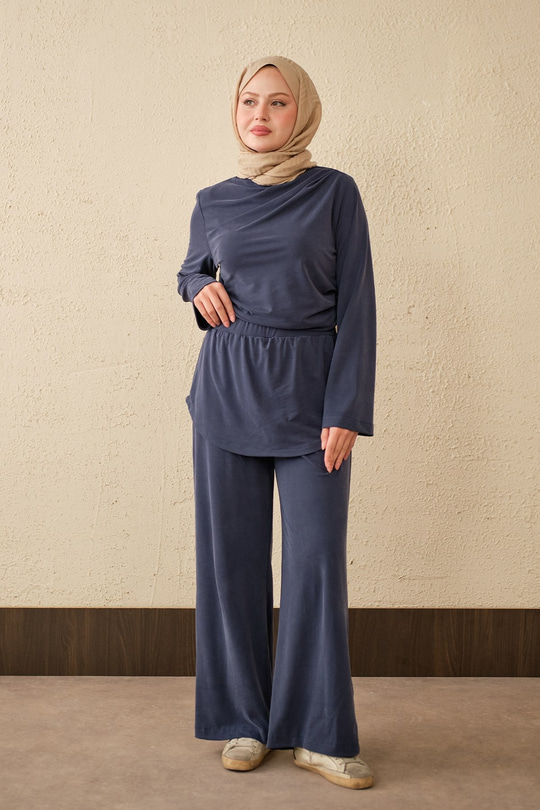 Yaka Büzgü Detay Takım Lacivert