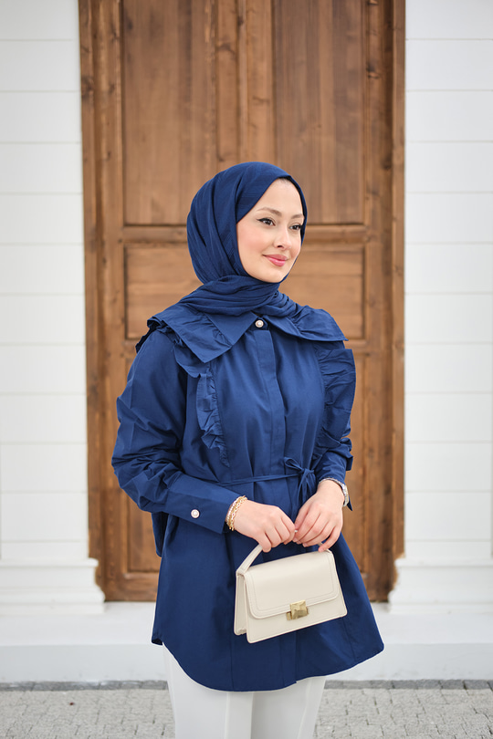 Yaka Büzgülü Bel Bağlamalı Poplin Gömlek Lacivert