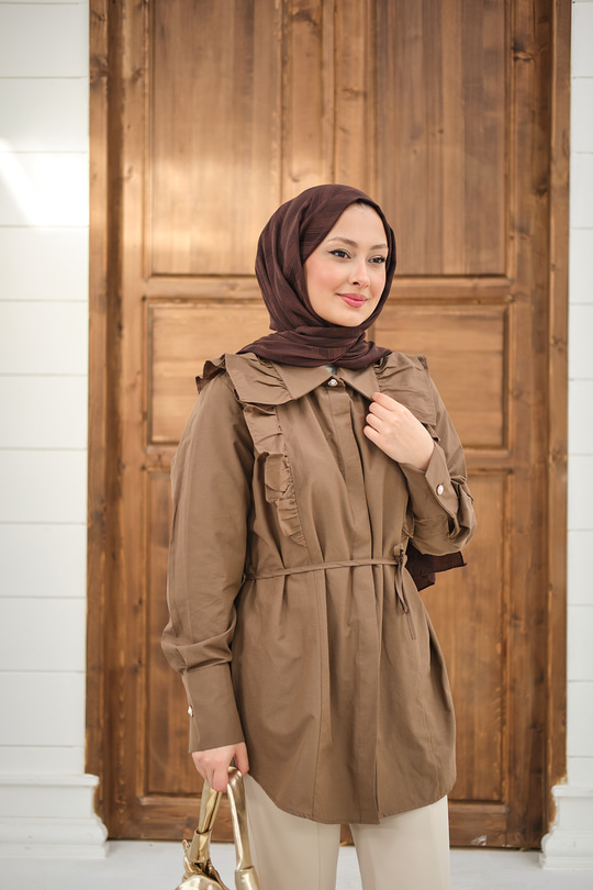 Yaka Büzgülü Bel Bağlamalı Poplin Gömlek Kahverengi