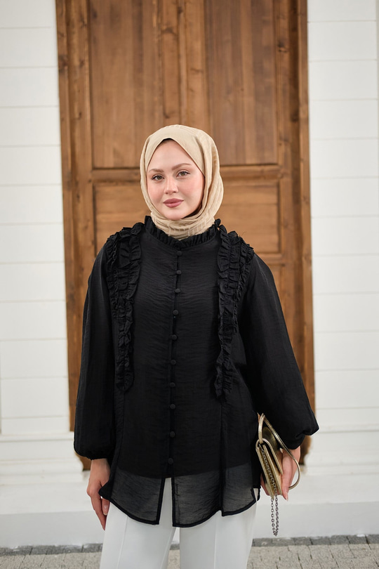 Yaka Büzgülü Gömlek Siyah