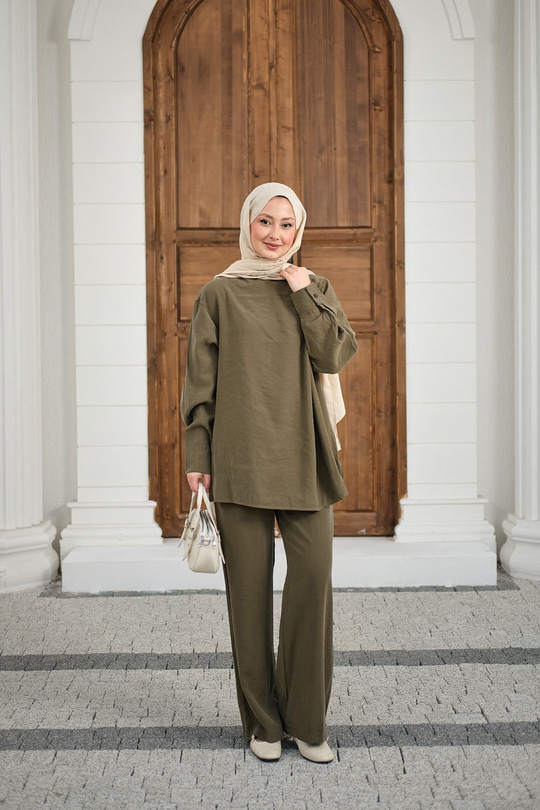 Yaka Düğme Detay Beli Lastikli Ayarlanabilir İkili Takım Haki Yeşil