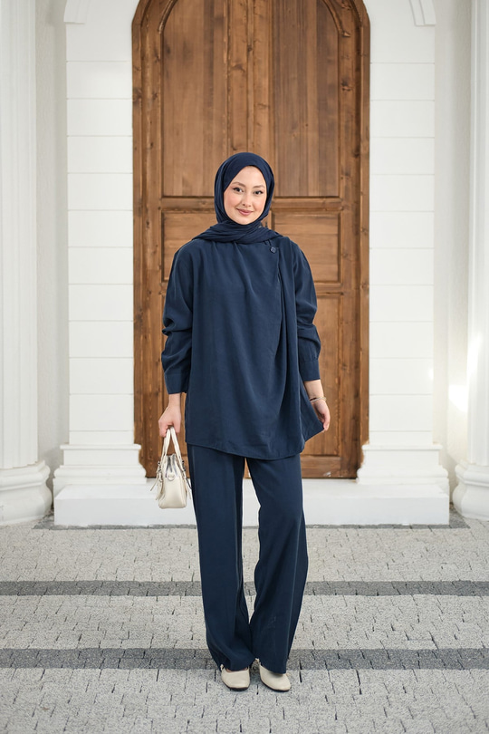 Yaka Düğme Detay Beli Lastikli Ayarlanabilir İkili Takım Lacivert