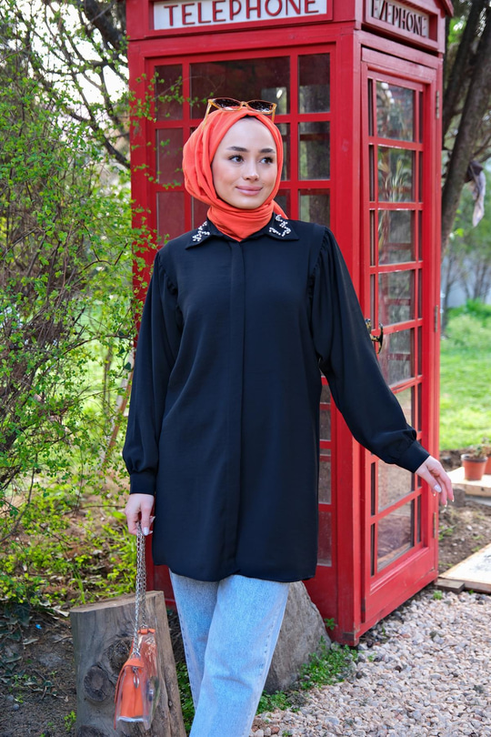 YAKA INCILI TUNIK SIYAH