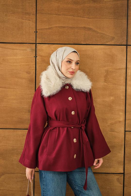 Yaka Kürk Detay Bel Bağlamalı Ceket Bordo