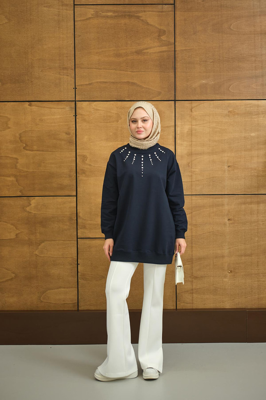 Yaka Taş Detay Tunik Lacivert