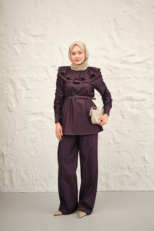 Yaka Ve Kol Büzgülü Kemer Bağlamalı Kot Takım Bordo
