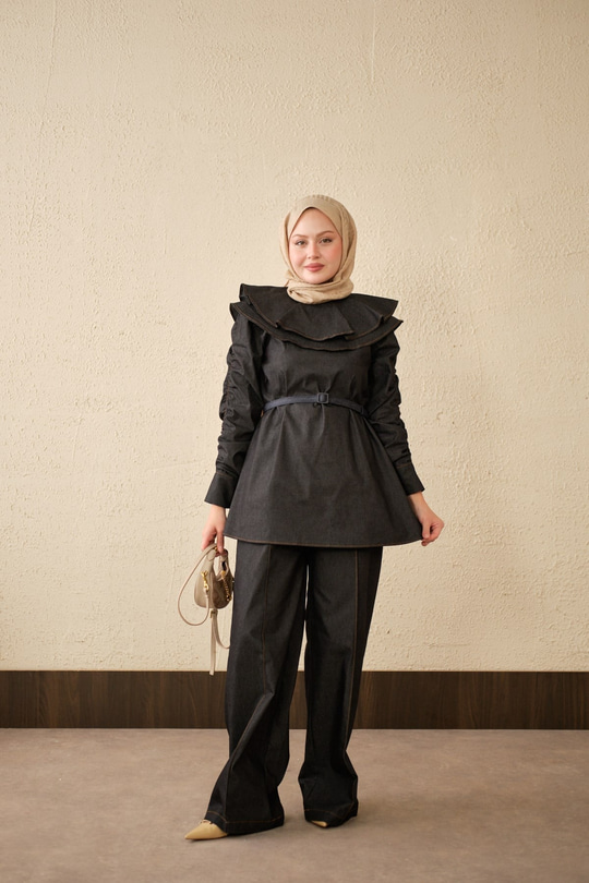 Yaka Ve Kol Büzgülü Kemer Bağlamalı Kot Takım Siyah