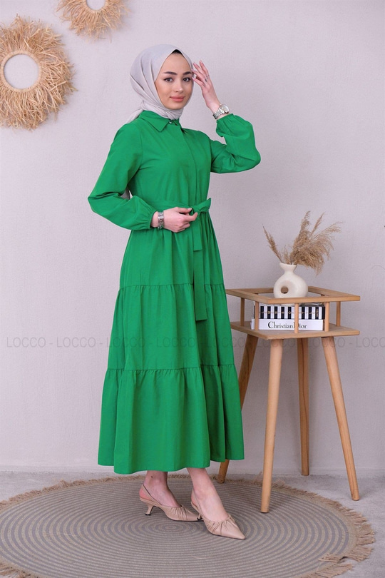Uygun Fiyatlı YAKALI KUSAKLI TESETTUR ELBISE ZUMRUT YESIL | Loccomoda.com 