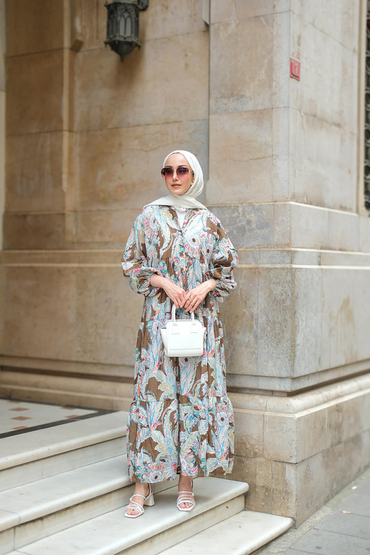 Yakamoz Desenli Elbise Haki Yeşil