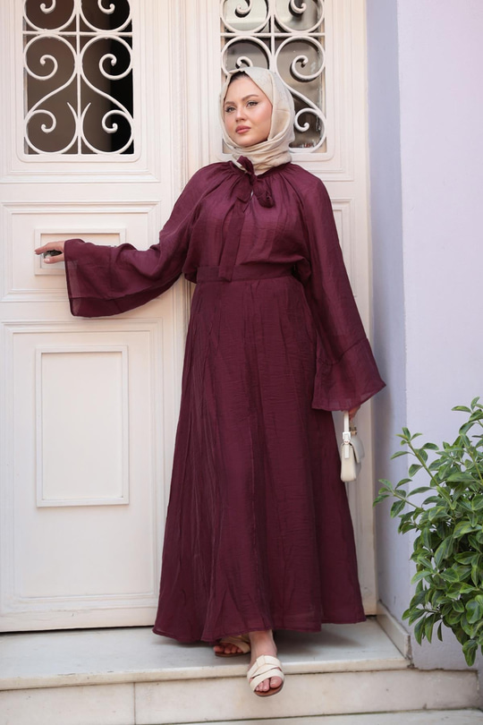 Yakası Bağcık Detaylı İkili Takım Bordo