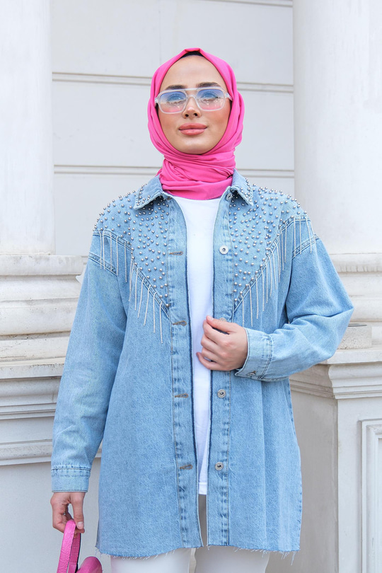 Yakası Boncuk Detaylı Denim Ceket Buz Mavi
