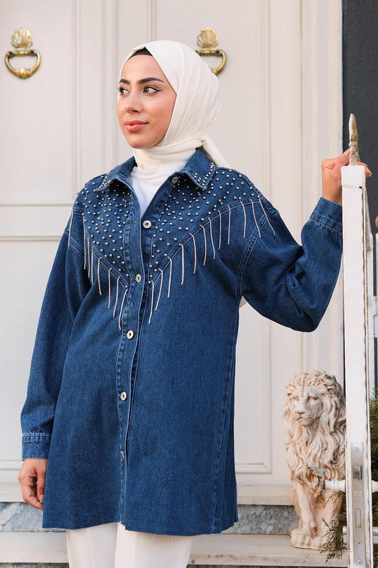 Yakası Boncuk Detaylı Denim Ceket  Koyu Mavi
