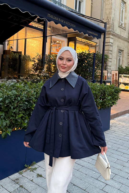 Yakası Deri Trenç Lacivert