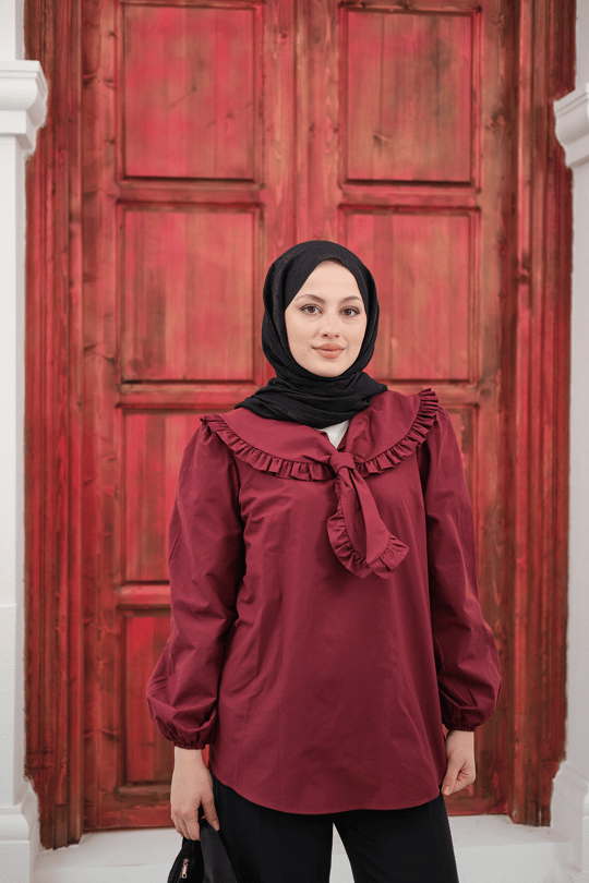 Yakası Fırfırlı Basic Gömlek Bordo