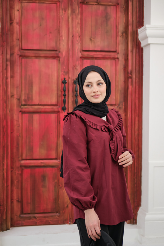 Yakası Fırfırlı Basic Gömlek Bordo