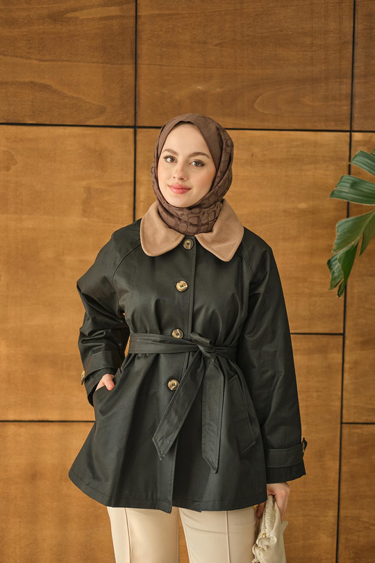 Yakası Kadife Trenç Zümrüt Yeşil