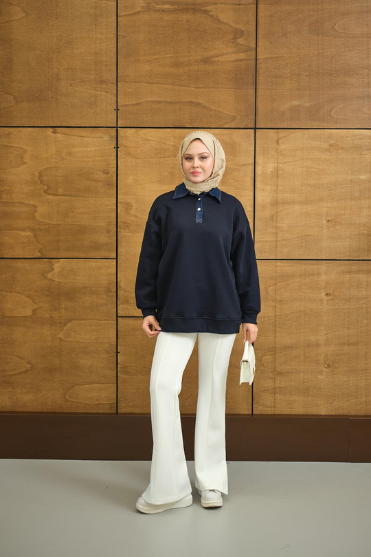 Yakası Kot Detay Sweat Lacivert