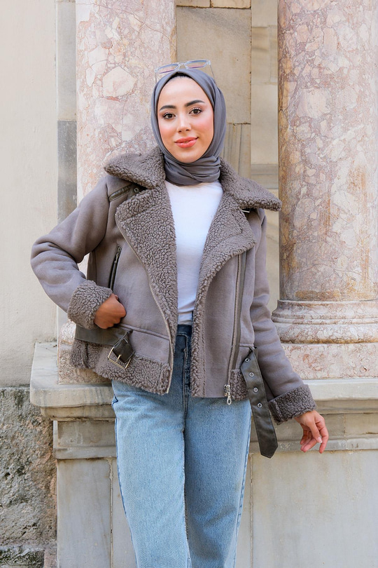 Yakası Kürklü Çapraz Fermuar Süet Kaban Gri