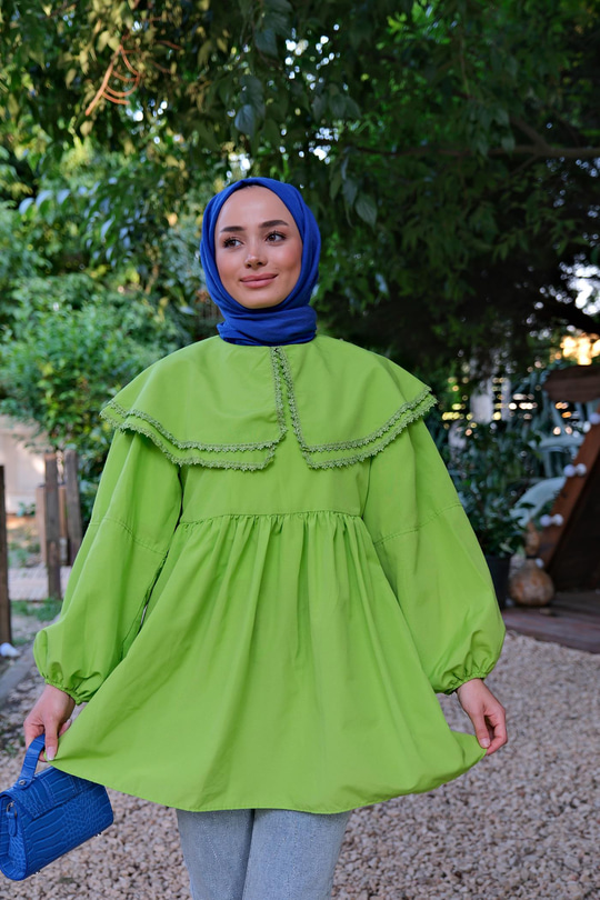 Yakası Nakış Detaylı Gömlek Fıstık Yeşil