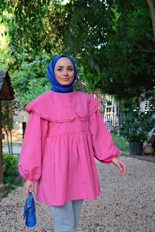 Yakası Nakış Detaylı Gömlek Fuşya