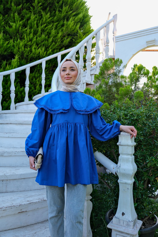 Yakası Nakış Detaylı Gömlek Saks Mavi