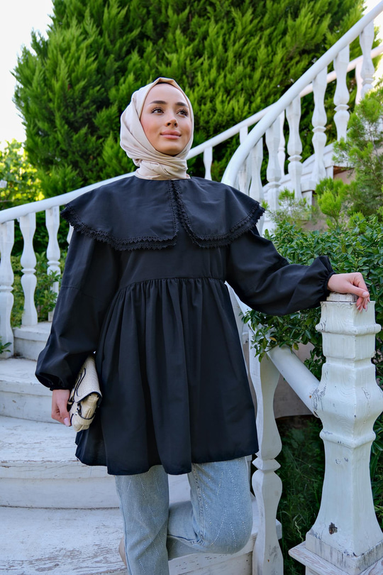 Yakası Nakış Detaylı Gömlek Siyah