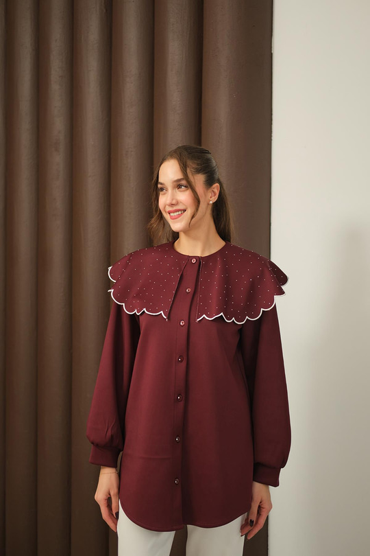 Yakası Taşlı Tunik Bordo