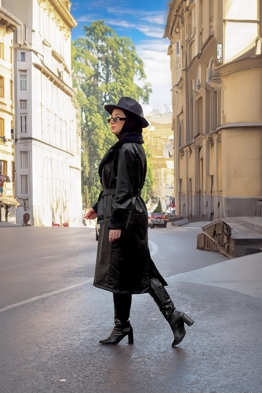 Yakası Ve Kolları Kürklü Deri Trenç Siyah