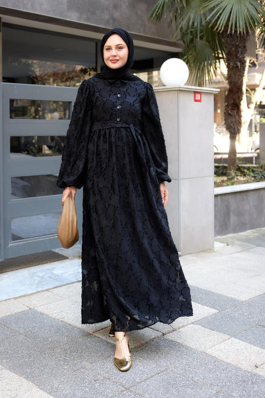 Yakma Çicek Desenli Jakar Elbise  Siyah