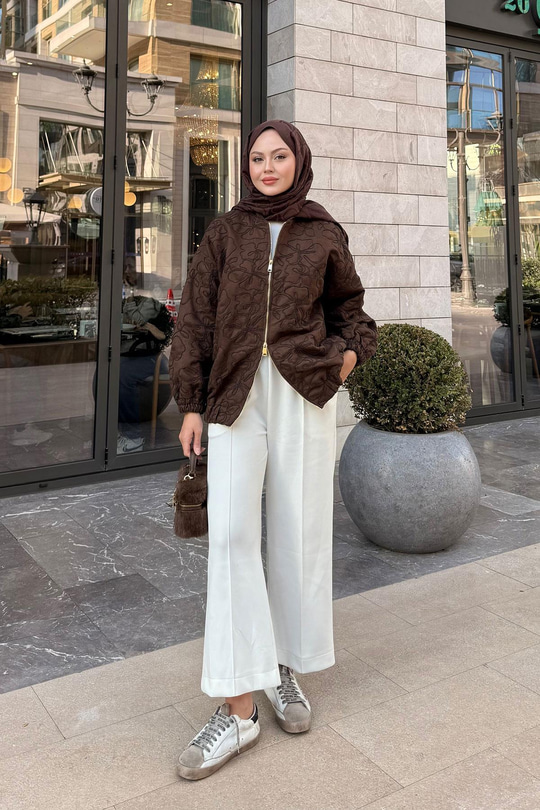 Yakma Çiçek Detaylı Ceket Kahverengi