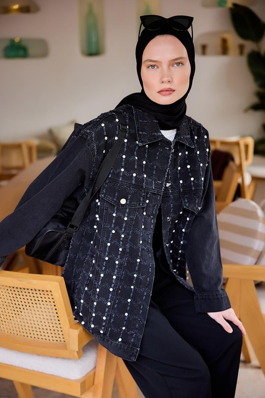 Yakma Kare Desenli Jean Ceket Siyah
