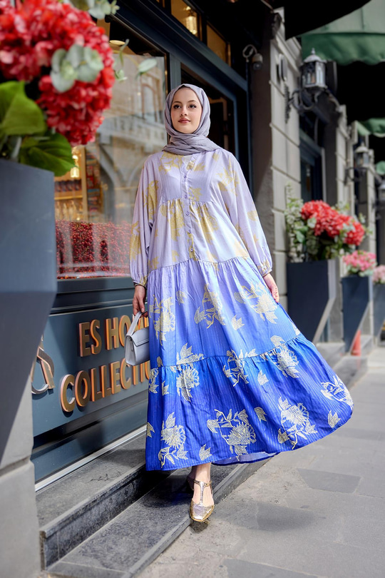 Yaldız Yaprak Desenli Elbise Lila