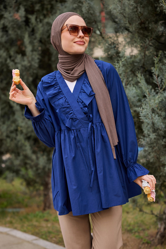 YAN BAGLAMALI FIRFIR DETAY TUNIK Lacivert