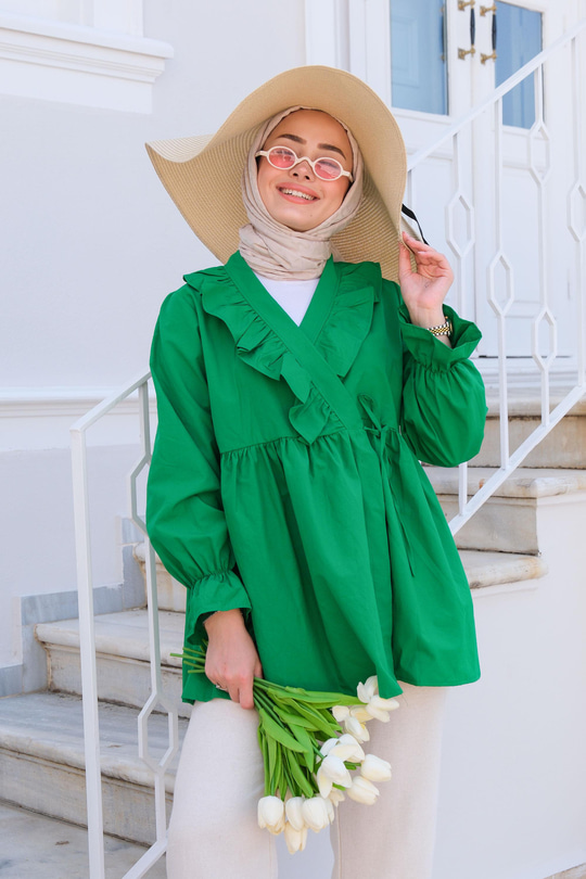 YAN BAGLAMALI FIRFIR DETAY TUNIK YESIL