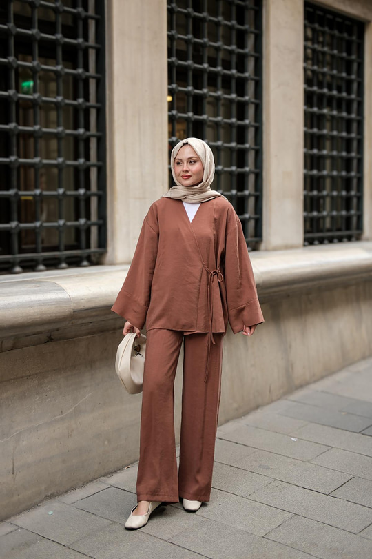 Yan Bağlamalı İkili Kimono Takım Açık Kahve