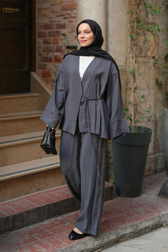 Yan Bağlamalı İkili Kimono Takım Antrasit